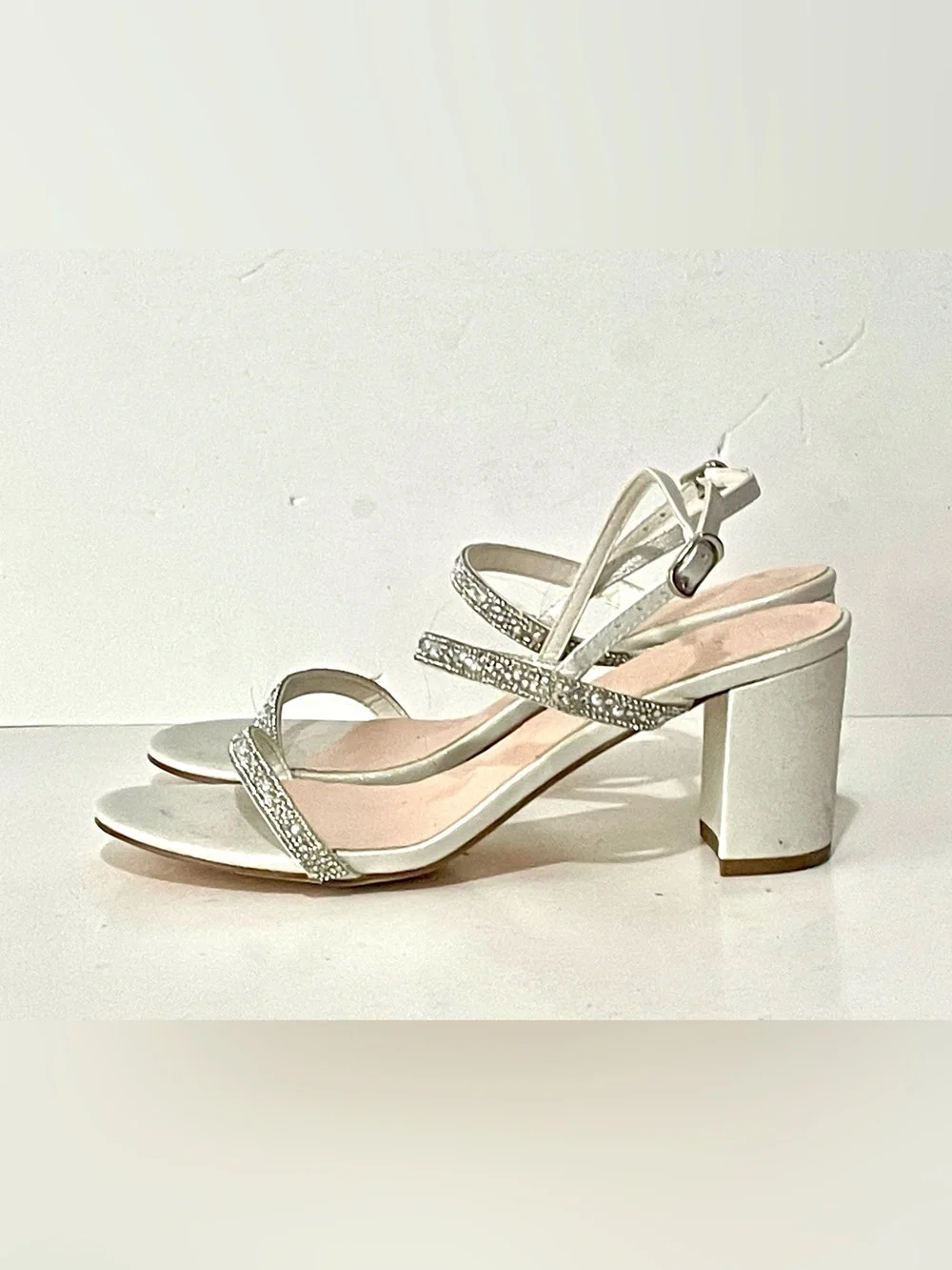 David's Bridal Two Strap Pearl and Crystal Block Heel Sandals 7.5